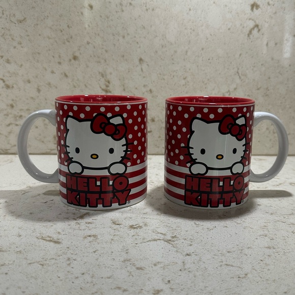 Hello Kitty x Sanrio Red Polka Dot & Stripe Ceramic Mug Set *BNWT* - Picture 1 of 6